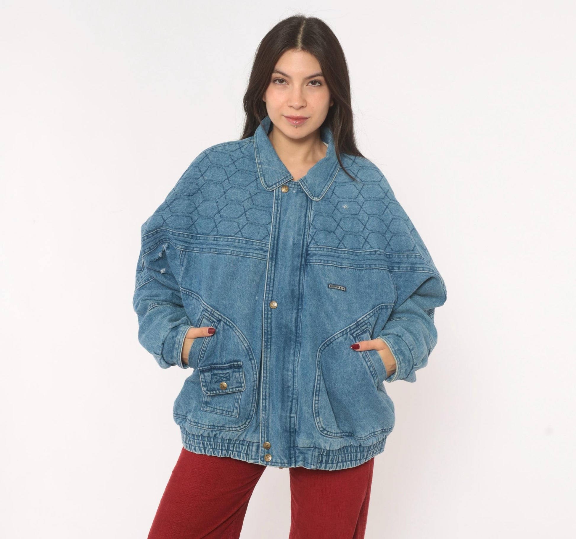 90s Kongloon Quilted Denim Bomber Sherpa Lined Jean Jacket Blue Large