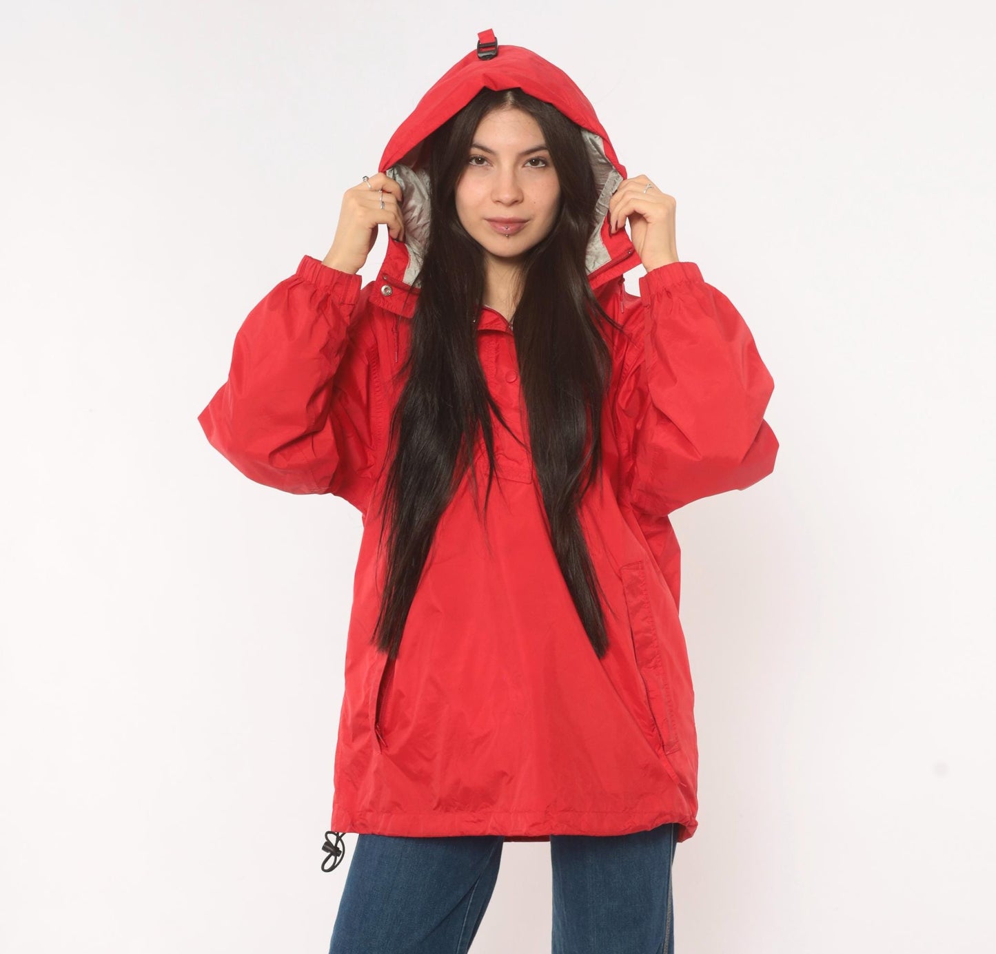 90s L.L.Bean Red Anorak Half-Zip Nylon Windbreaker Jacket Large L