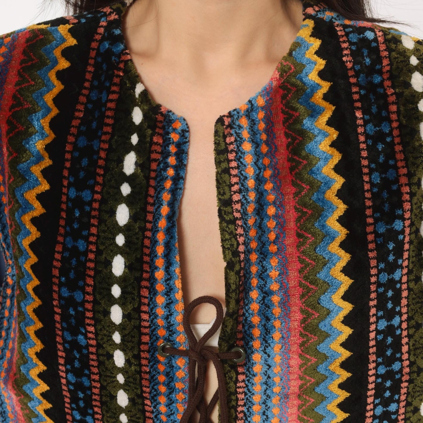 70s Chenille Tapestry Vest Multicolor Zigzag Stripe Lace-Up Tunic Large L