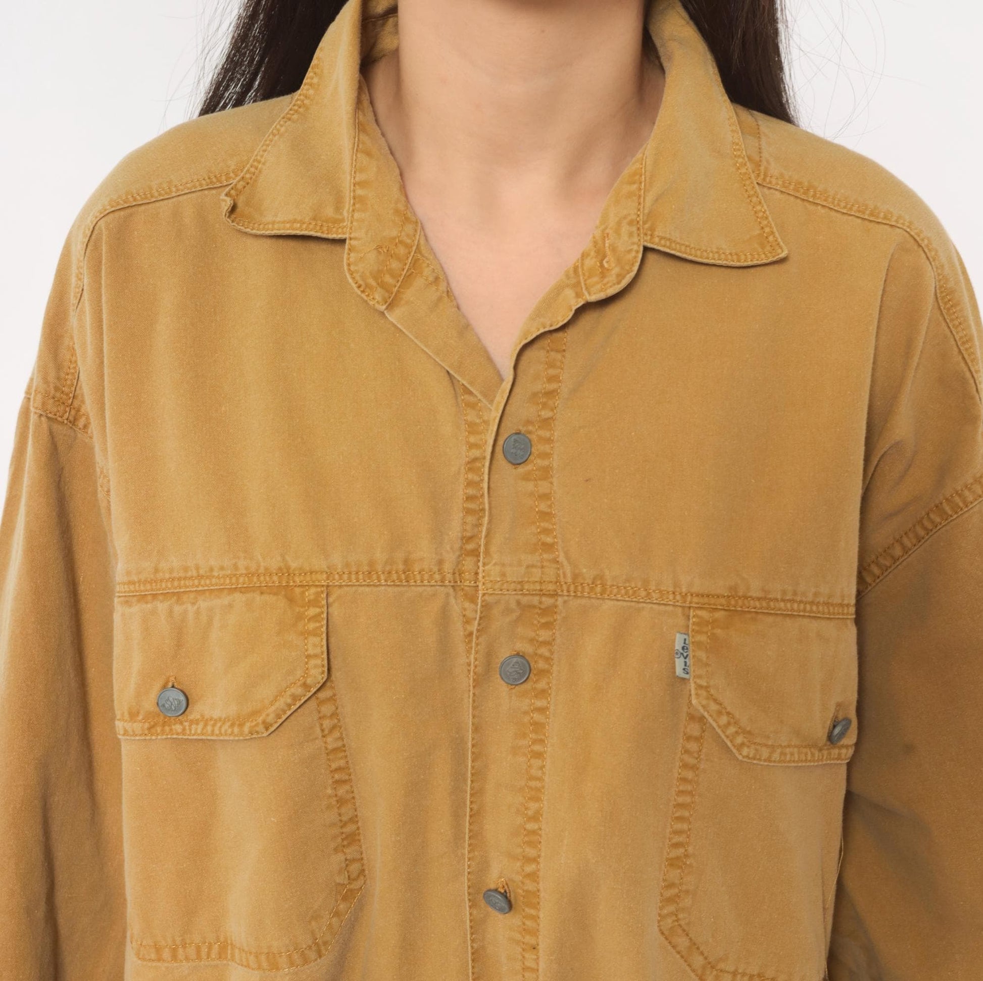 90s Levi's Mustard Cotton Button-Front Shirt Spread Collar Large L