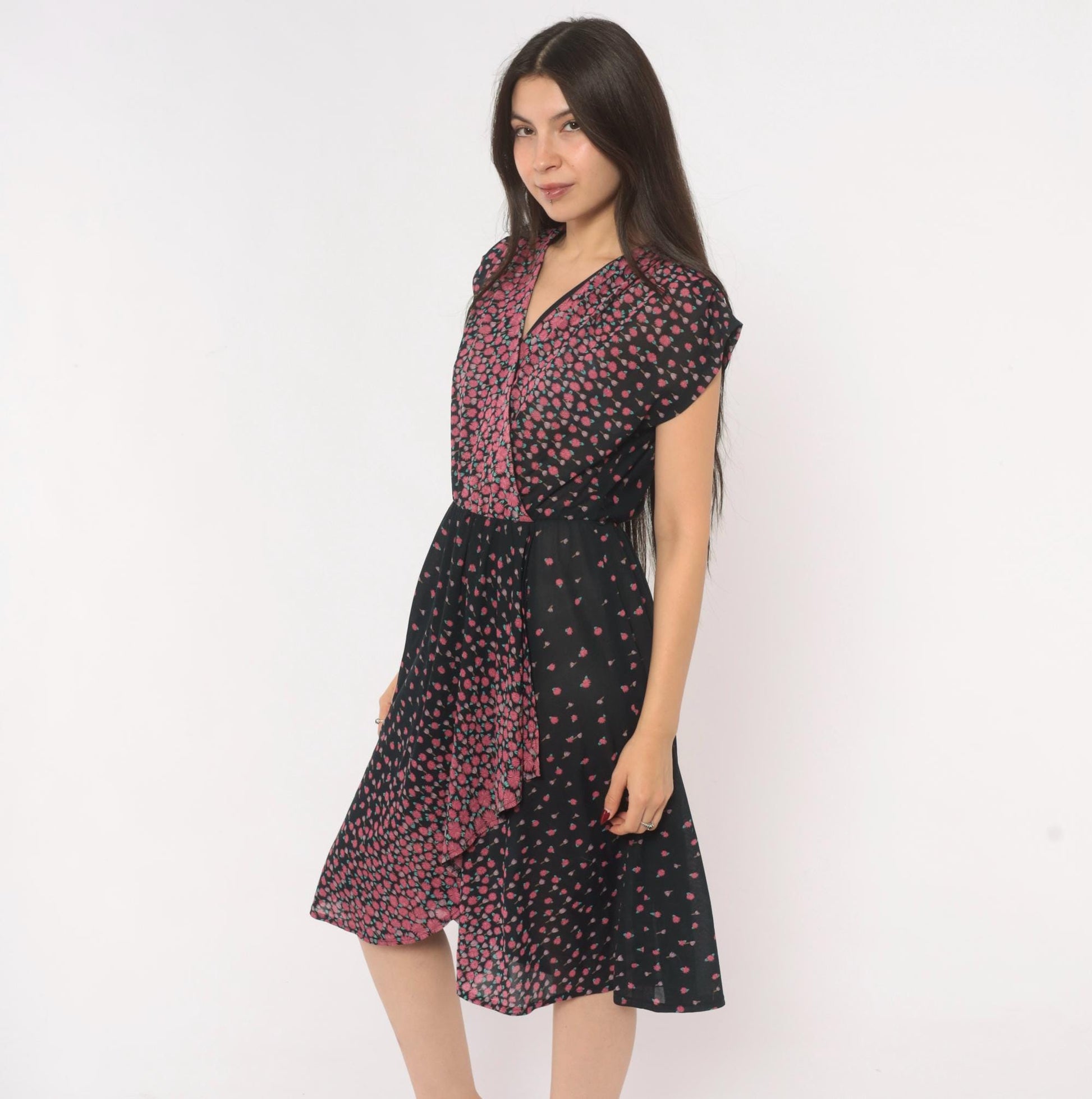 70s JT Jody of California Floral Wrap Dress Black Pink Gradient Knee-Length Medium