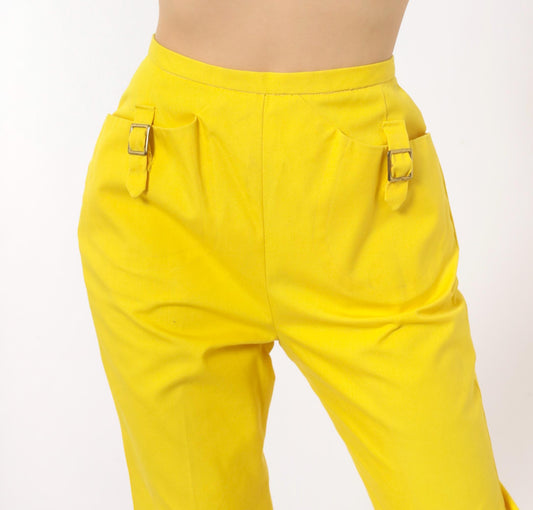 70s Hand Fashioned by Jack Fin Yellow Flare Pants High Waist Buckle Cotton Extra Small XS