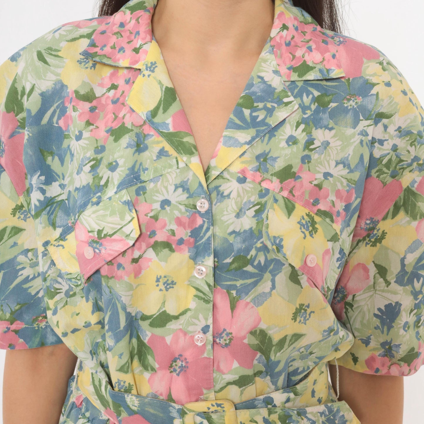 80s Cabrais Floral Midi Shirtdress Puff Sleeve Belted Pink Garden Medium