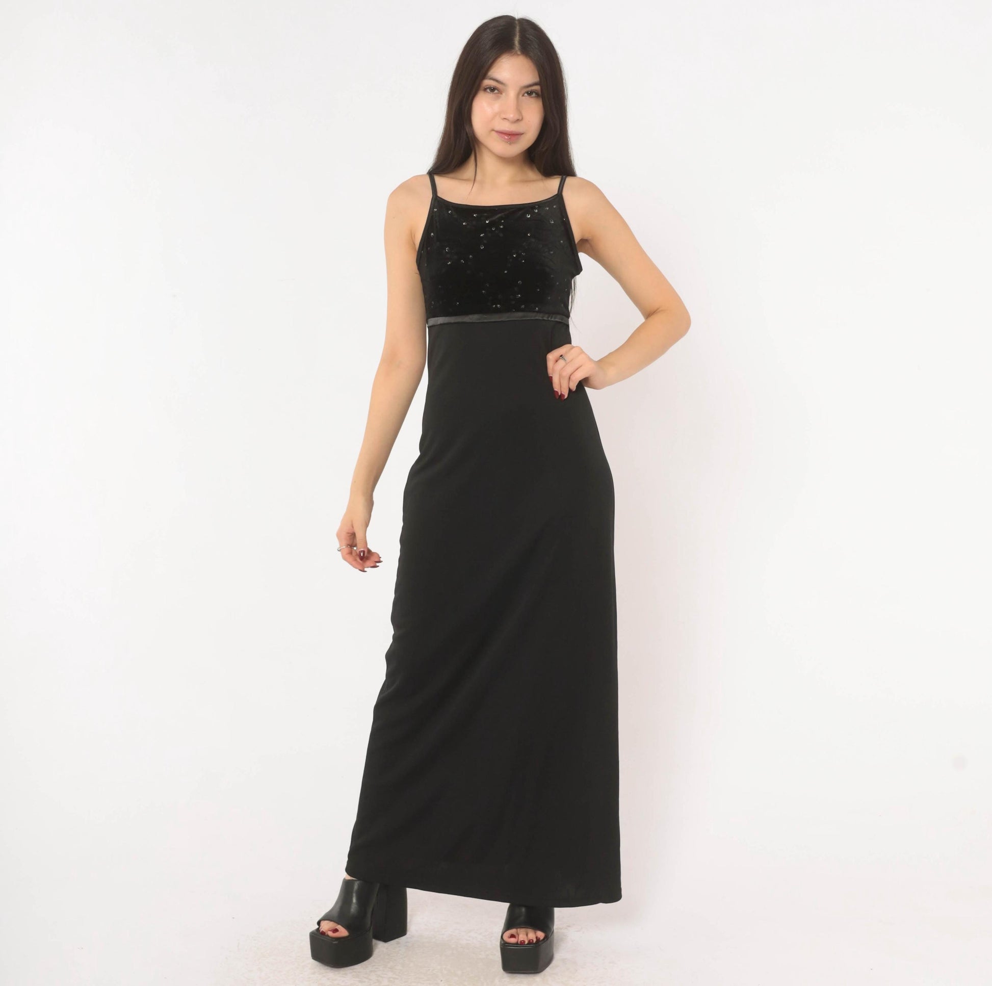 2000s I.N. San Francisco Black Velvet Maxi Dress Empire Waist Spaghetti Strap Small