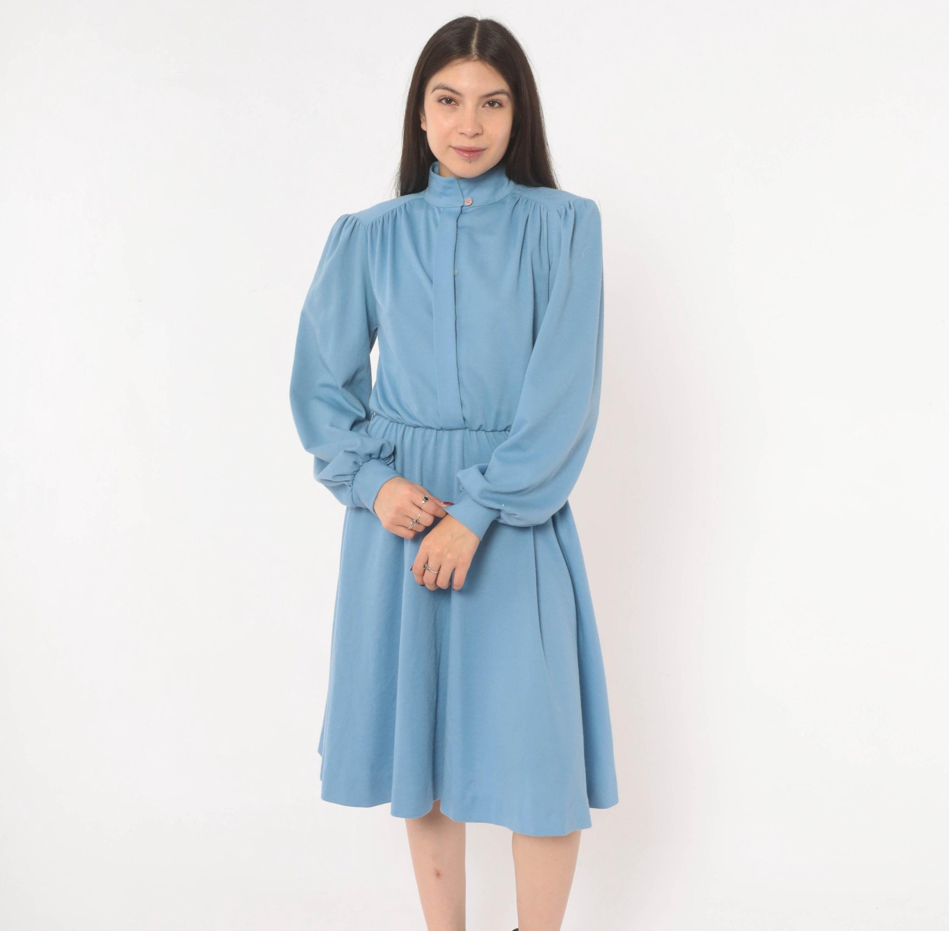 70s Sky Blue Sunshine Alley Dress Bishop Sleeve Quilted Yoke Knee Length Medium M