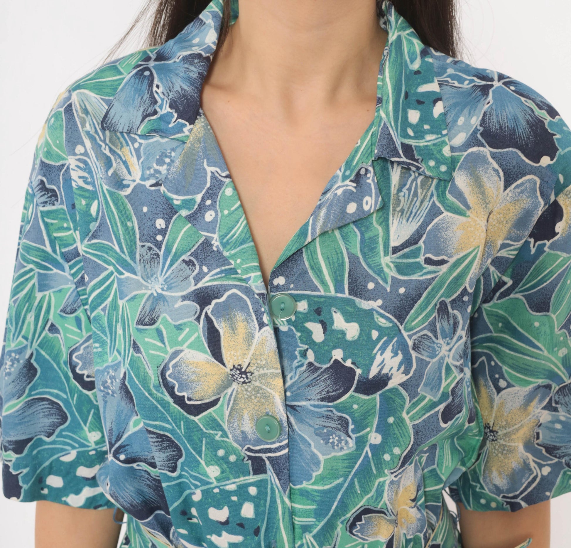 80s Elinor Carolina Maid Tropical Floral Shirtdress Blue Midi Medium