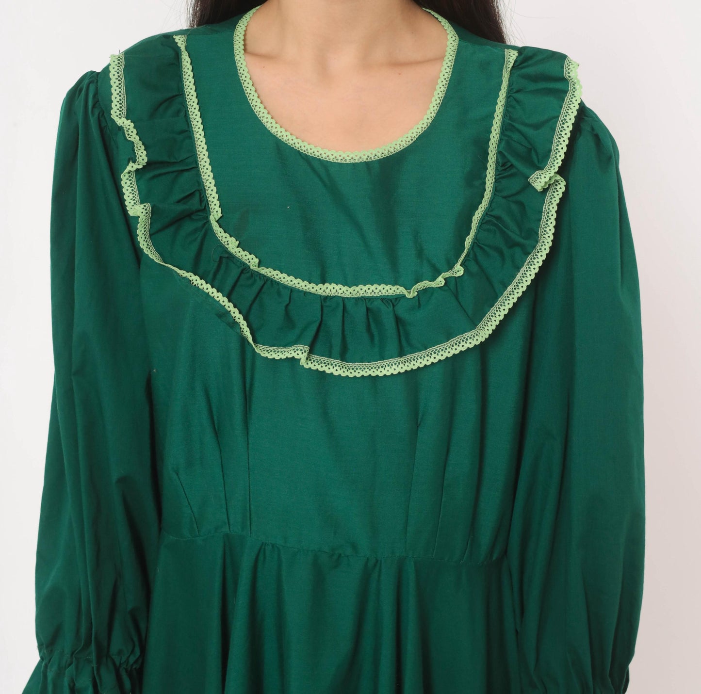 70s Forest Green Prairie Maxi Dress Lace Ruffle Puff Sleeve Large L