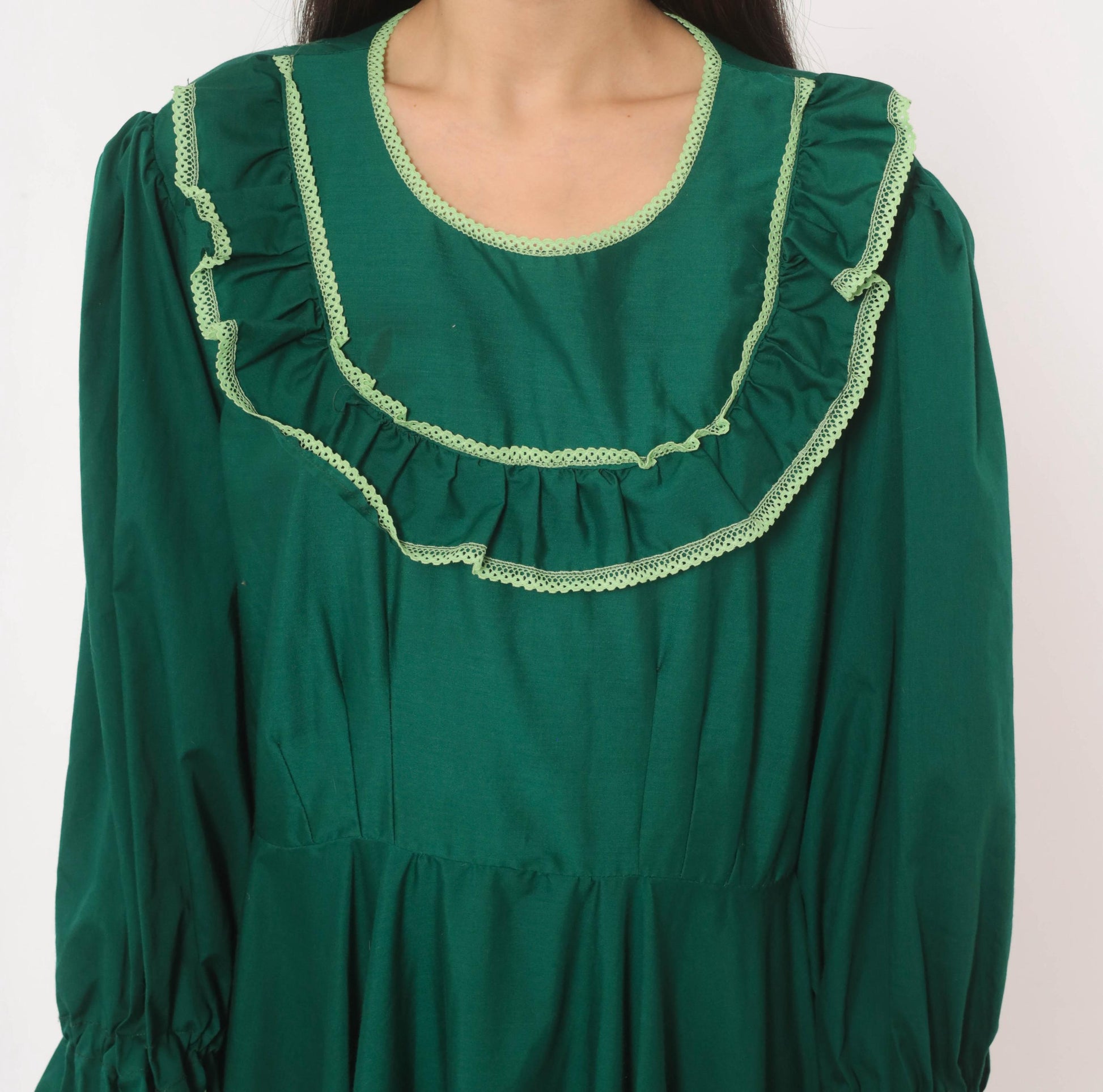 70s Forest Green Prairie Maxi Dress Lace Ruffle Puff Sleeve Large L