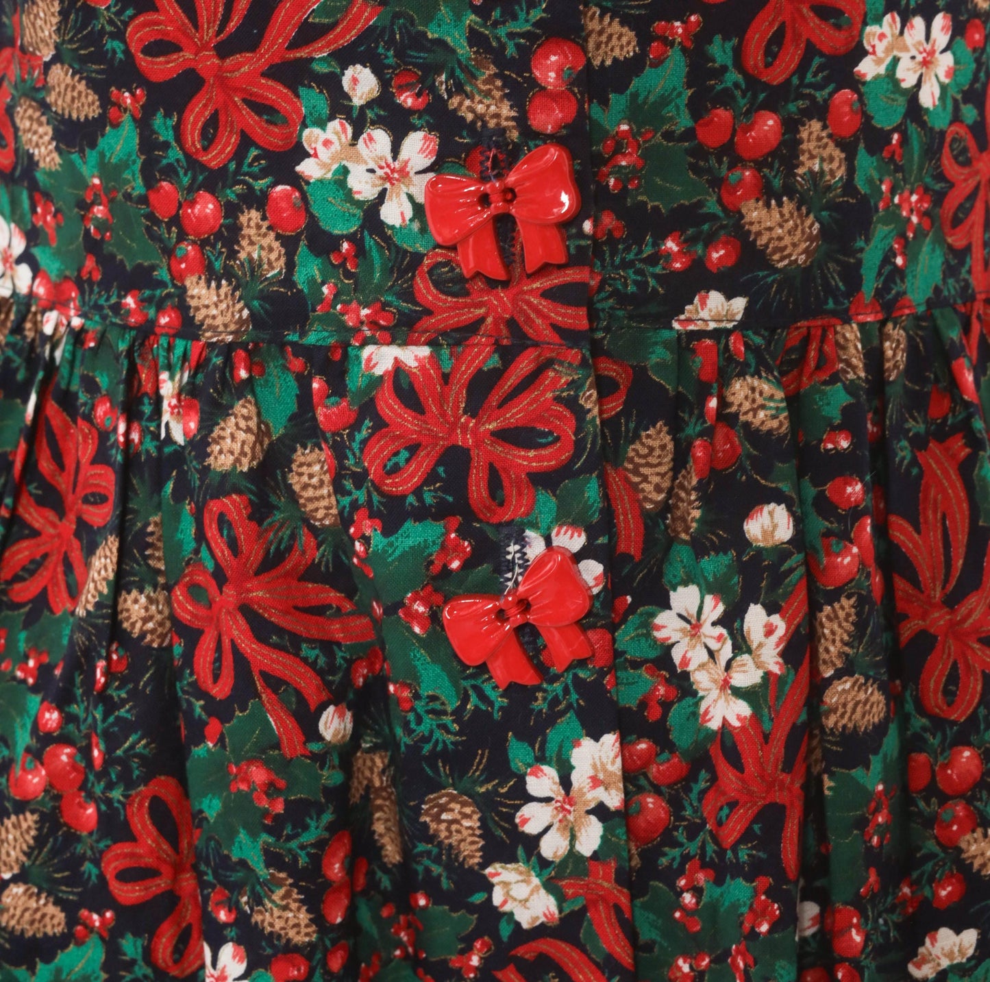 90s R.J. Stevens Christmas Jumper Dress Cotton V-Neck Holly Pinecone Navy Extra Small XS