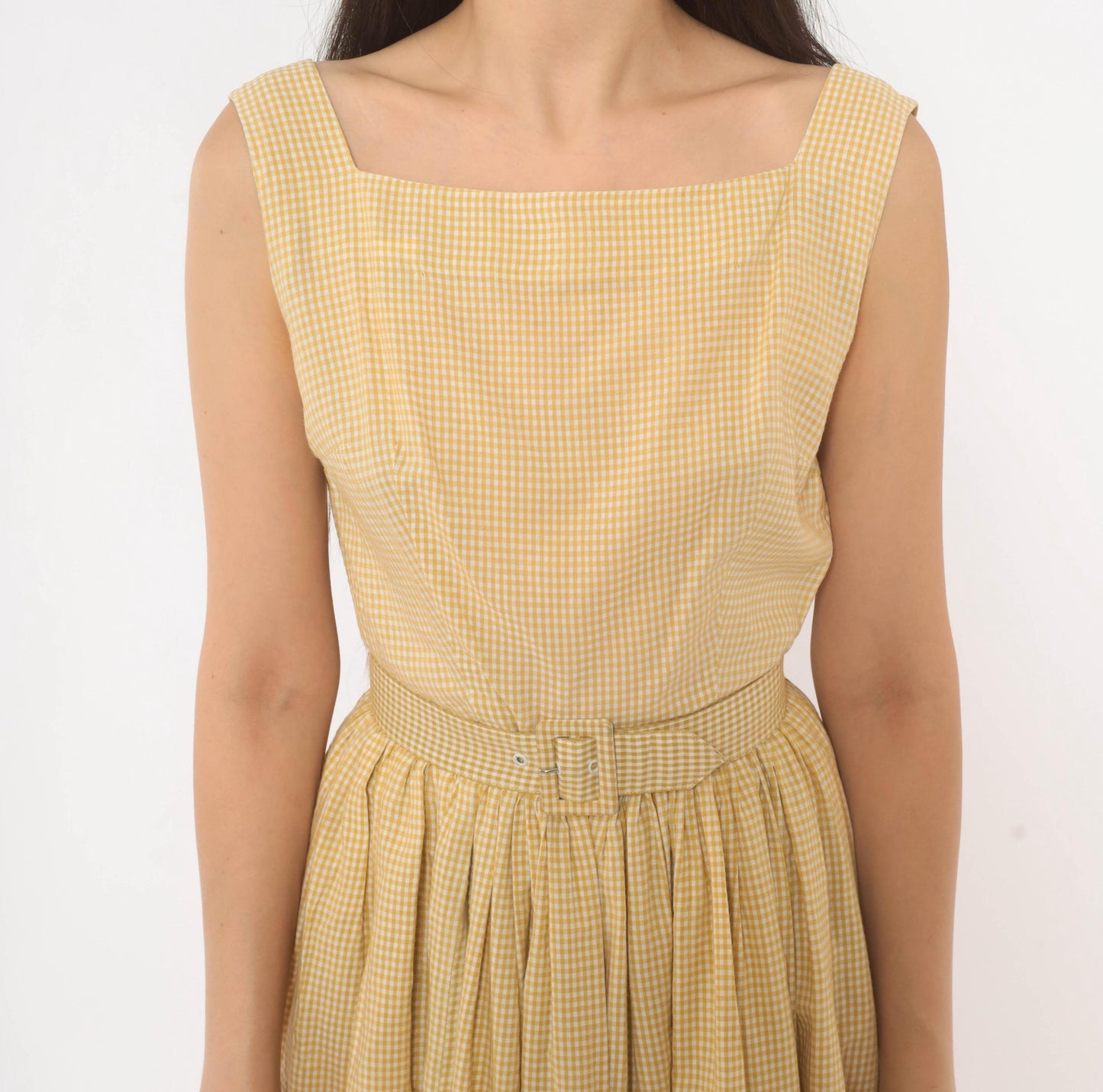 1950s P.S. Andrews Co Gingham Sundress Yellow White Cotton Fit Flare Extra Small XS