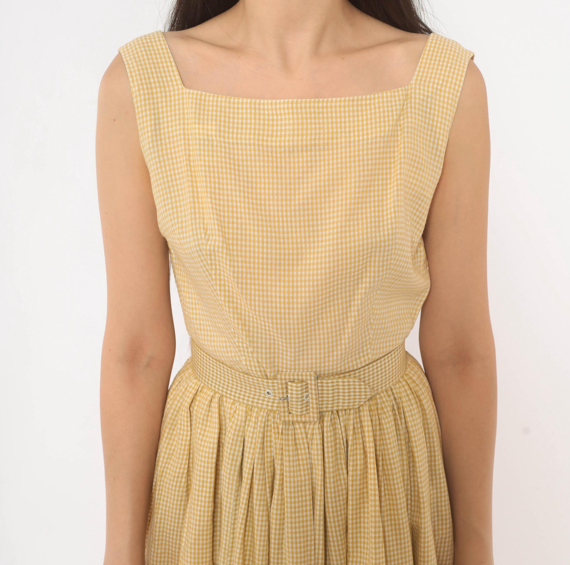 1950s P.S. Andrews Co Gingham Sundress Yellow White Cotton Fit Flare Extra Small XS