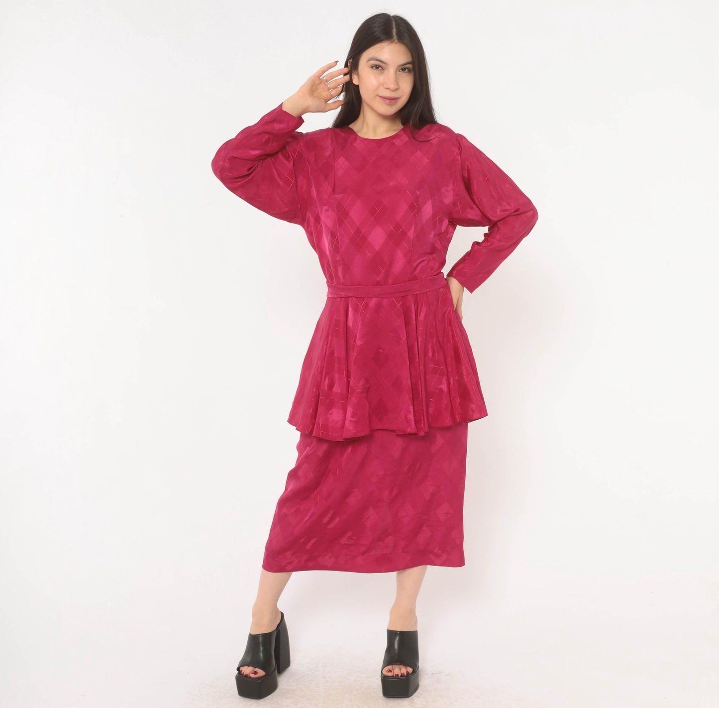 80s Fuchsia Peplum Midi Dress Open Back Jacquard Long Sleeve Large L