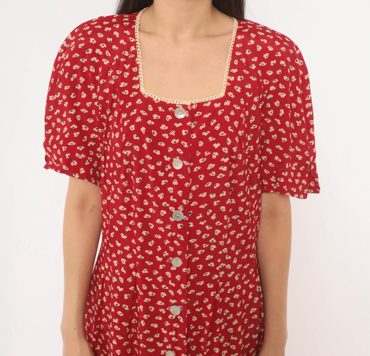 90s Anthony Mark Hankins Red Floral Maxi Dress Square Neck Lace Trim Large L