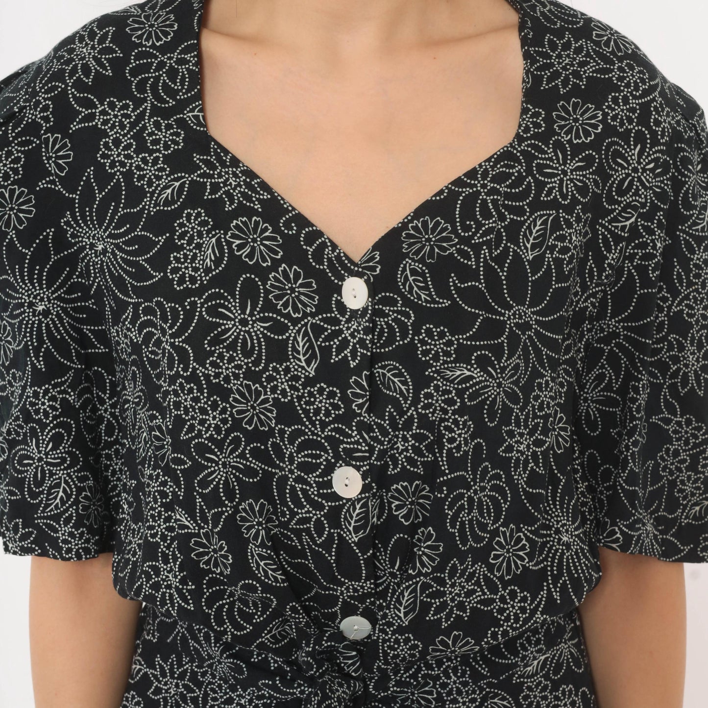 90s Molly Malloy Floral Jumpsuit Black White Dotted Print V Neck Small