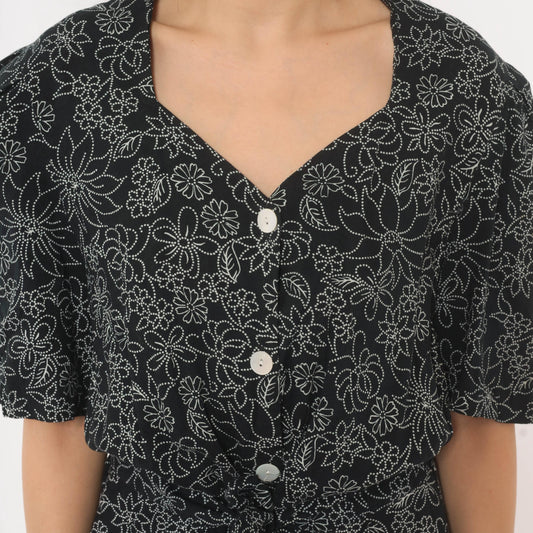 90s Molly Malloy Floral Jumpsuit Black White Dotted Print V Neck Small