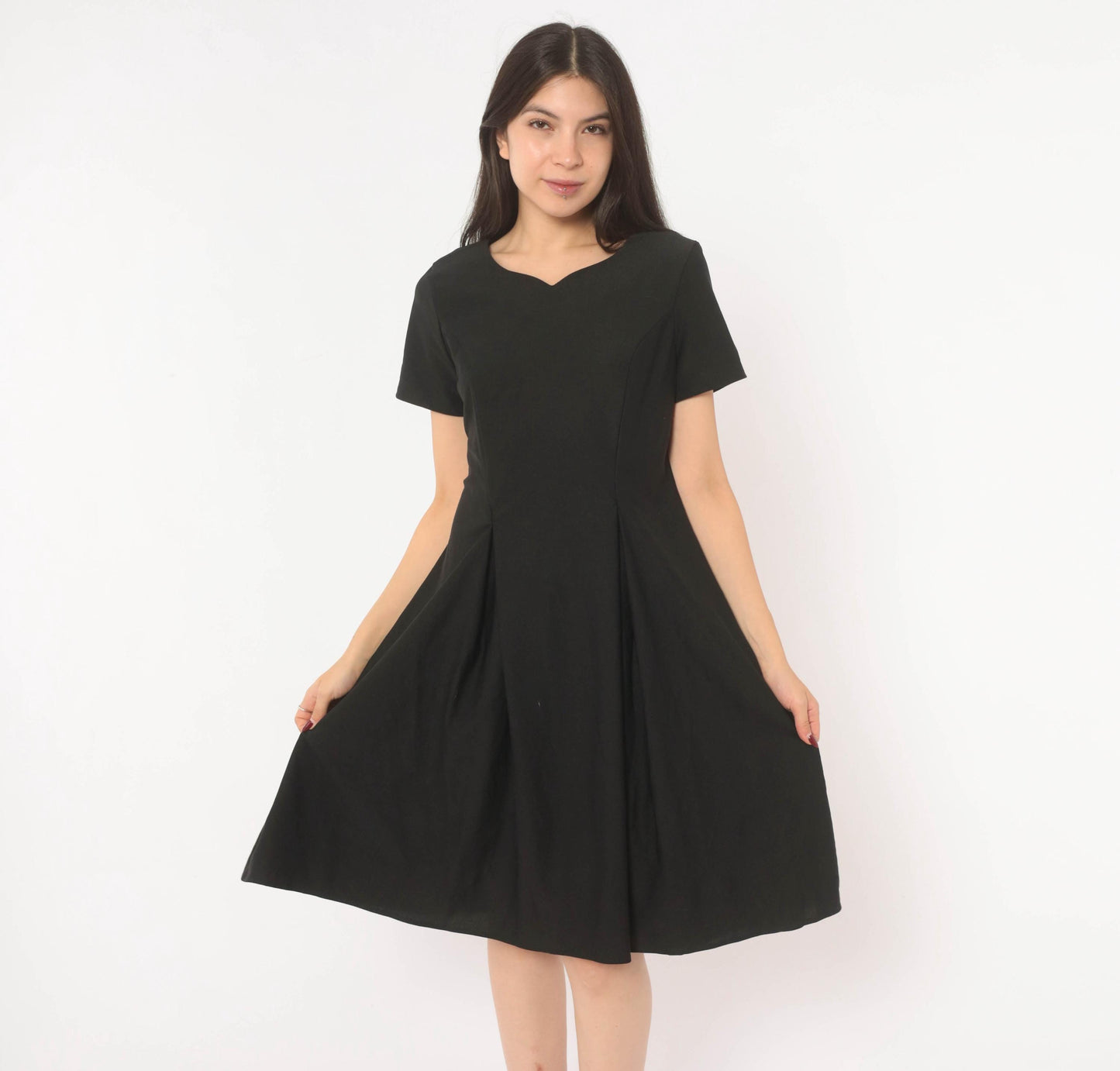 90s Black A-Line Dress Sweetheart Neckline Cap Sleeve Knee-Length Large L
