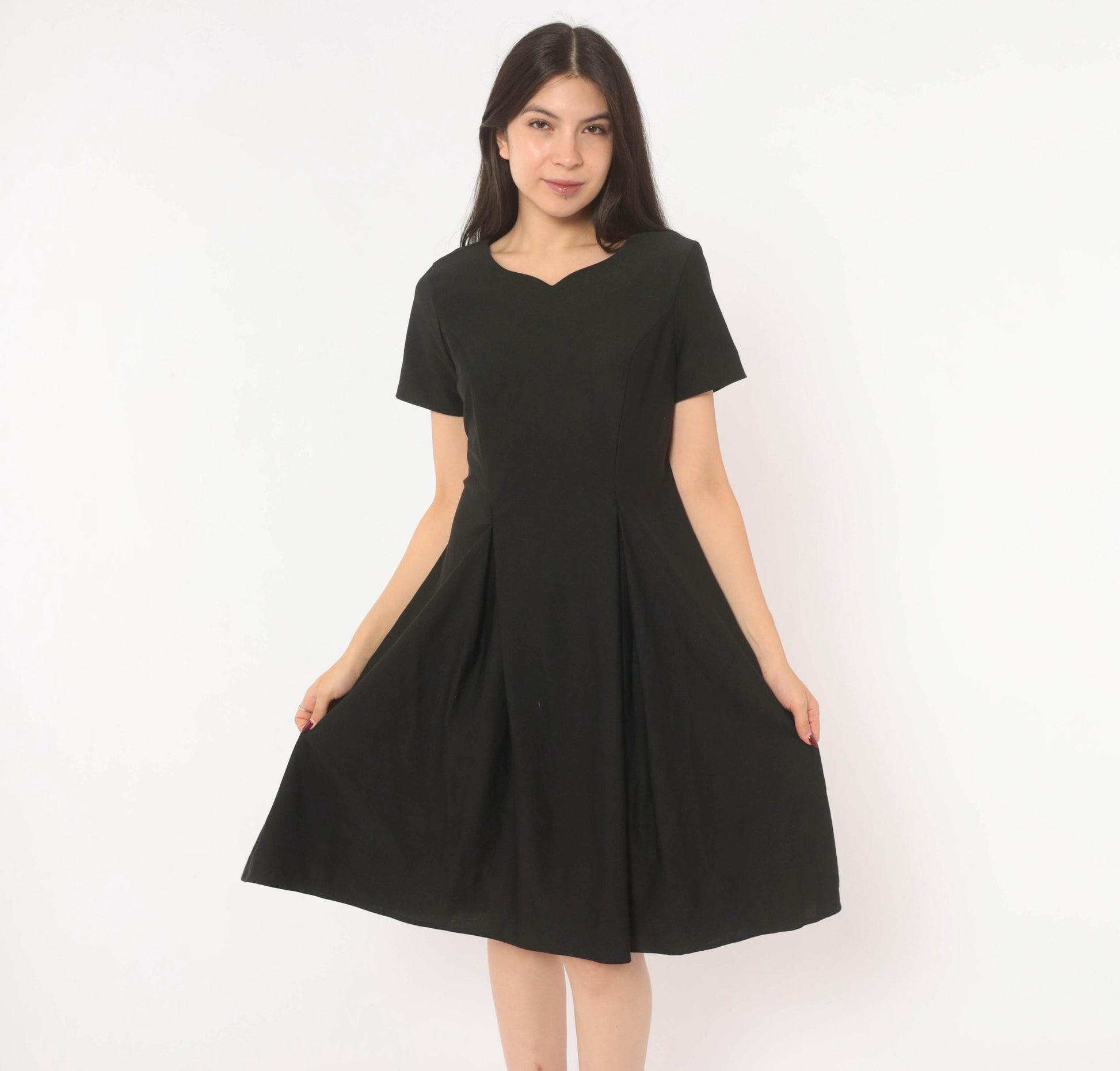 90s Black A-Line Dress Sweetheart Neckline Cap Sleeve Knee-Length Large L