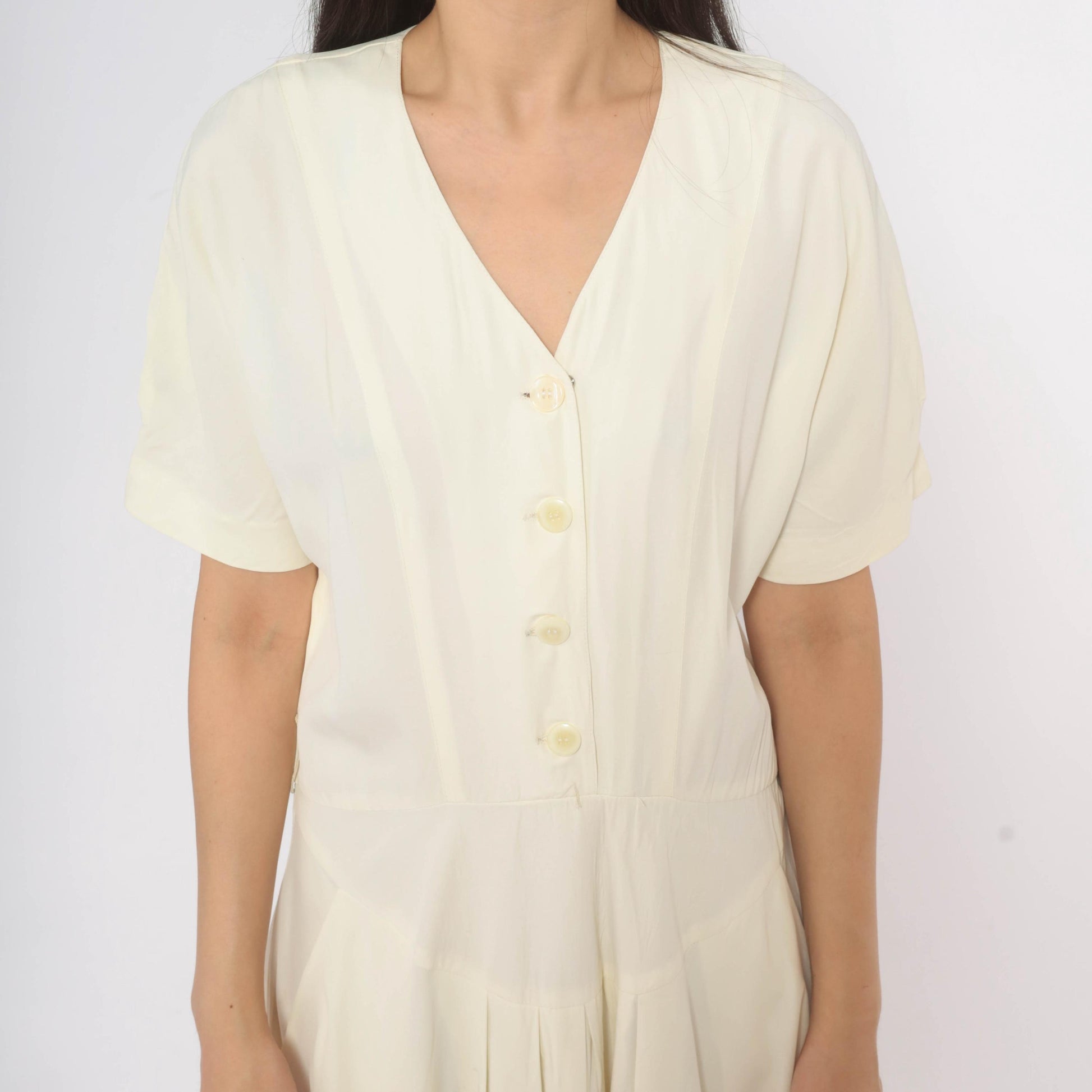 90s E.D. Michaels Cream Button Front Maxi Dress Puff Sleeve Drop Waist Medium M