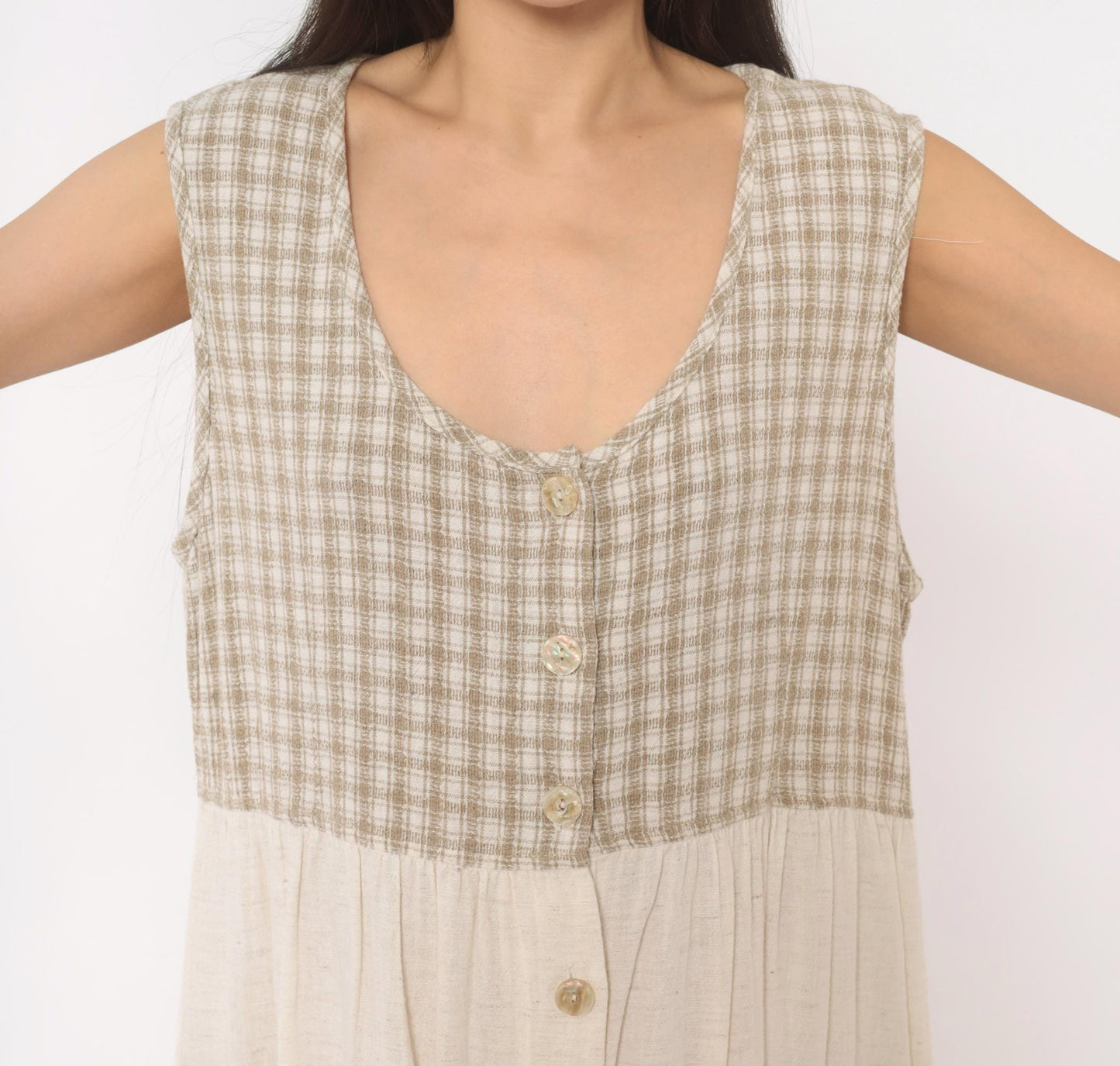 90s Two Twenty Gingham Midi Jumper Dress Tan Cream Cotton Linen Large