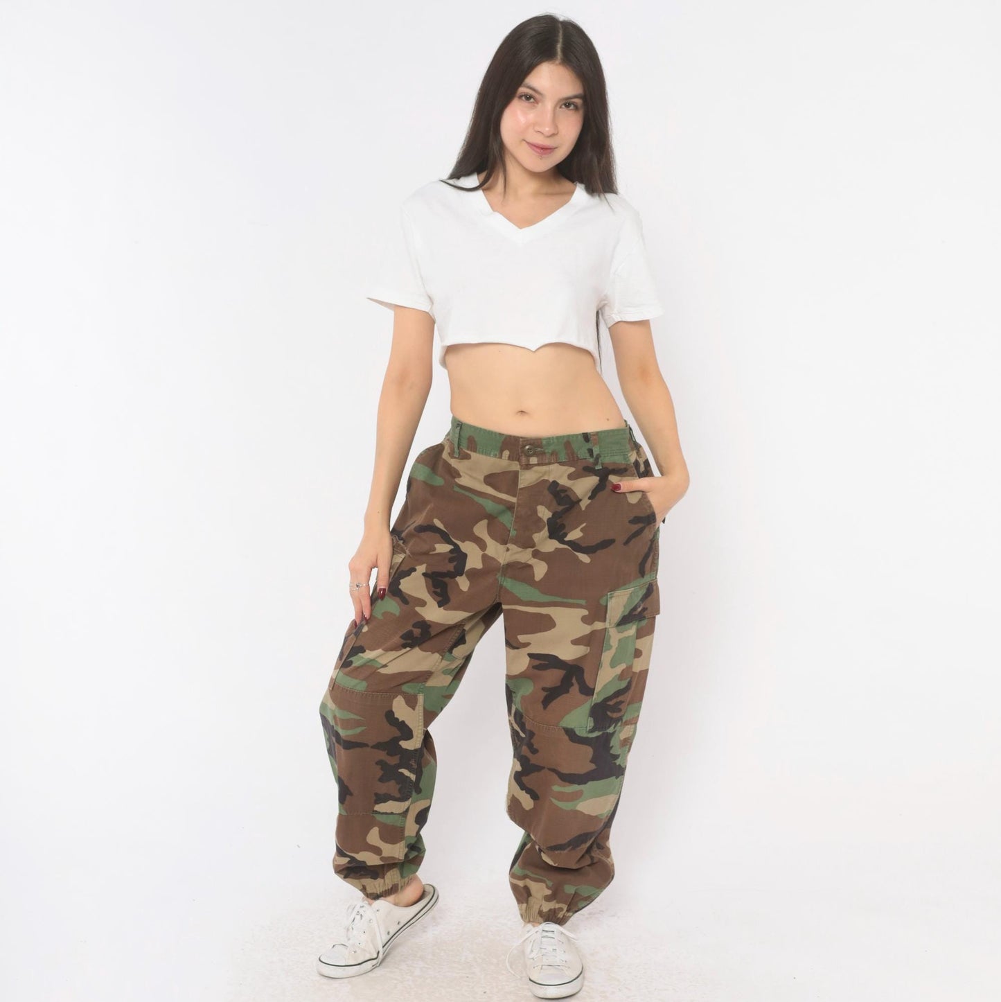 90s American Apparel Woodland Camo Cargo Pants Tapered Olive Medium M