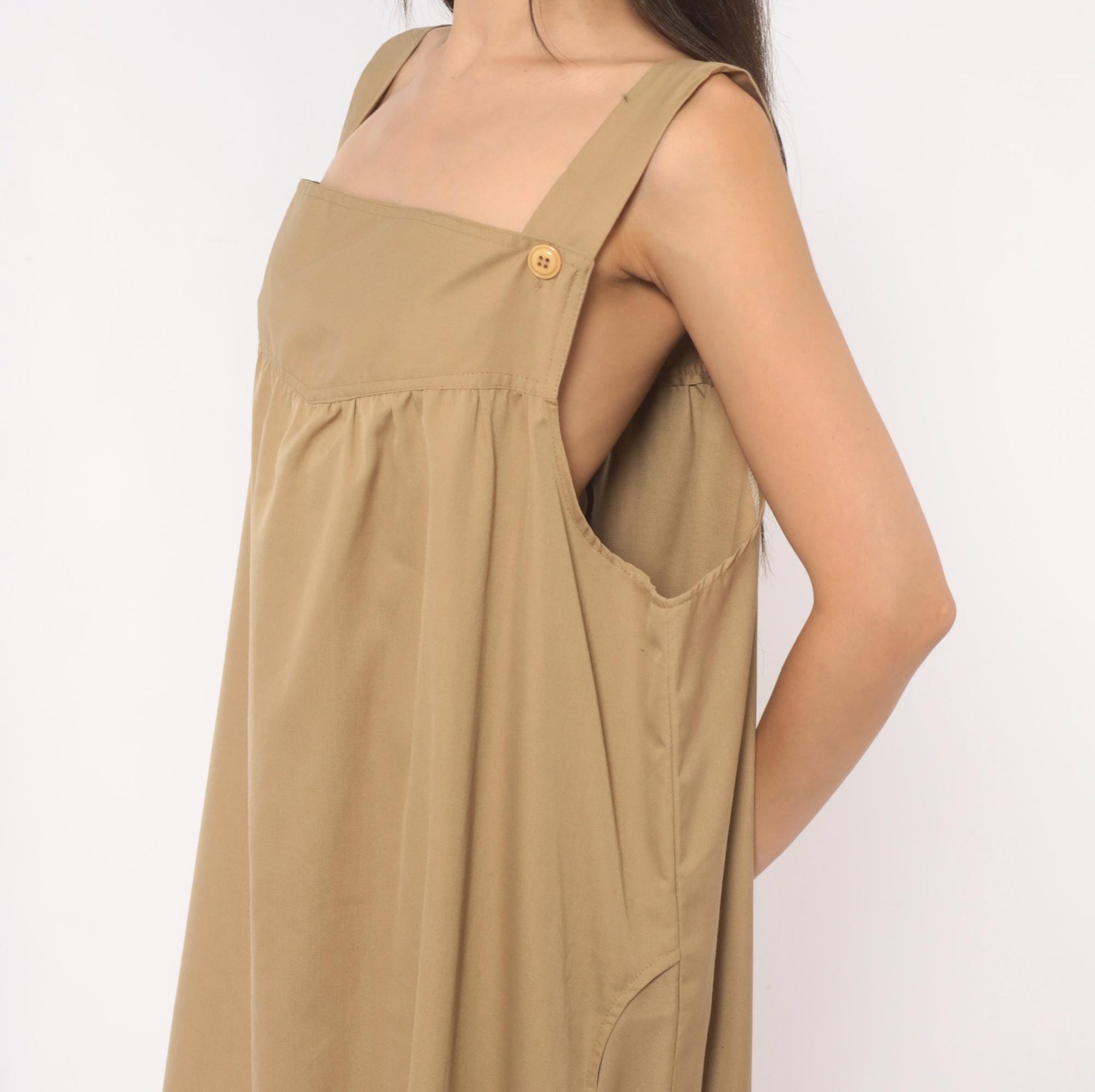 80s Tan Cotton Jumper Dress Square Neck Button Strap Midi Pinafore Large L
