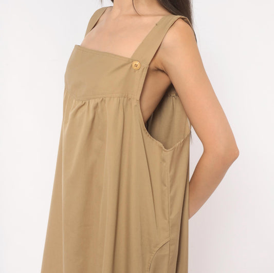 80s Tan Cotton Jumper Dress Square Neck Button Strap Midi Pinafore Large L