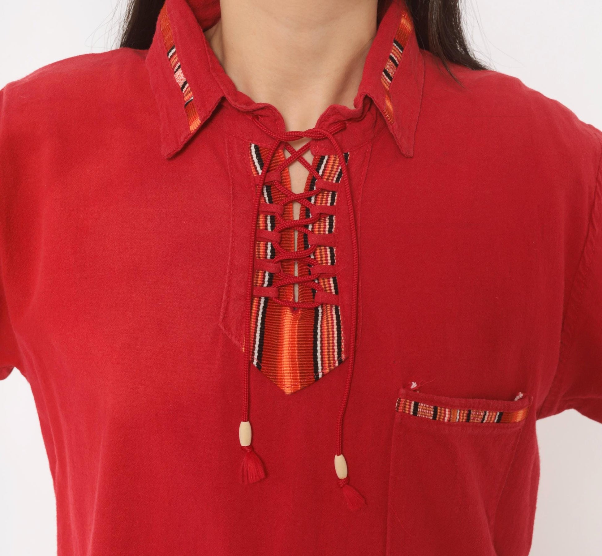 90s Red Cotton Lace-Up Tunic Shirt Southwestern Woven Trim Tassels Medium