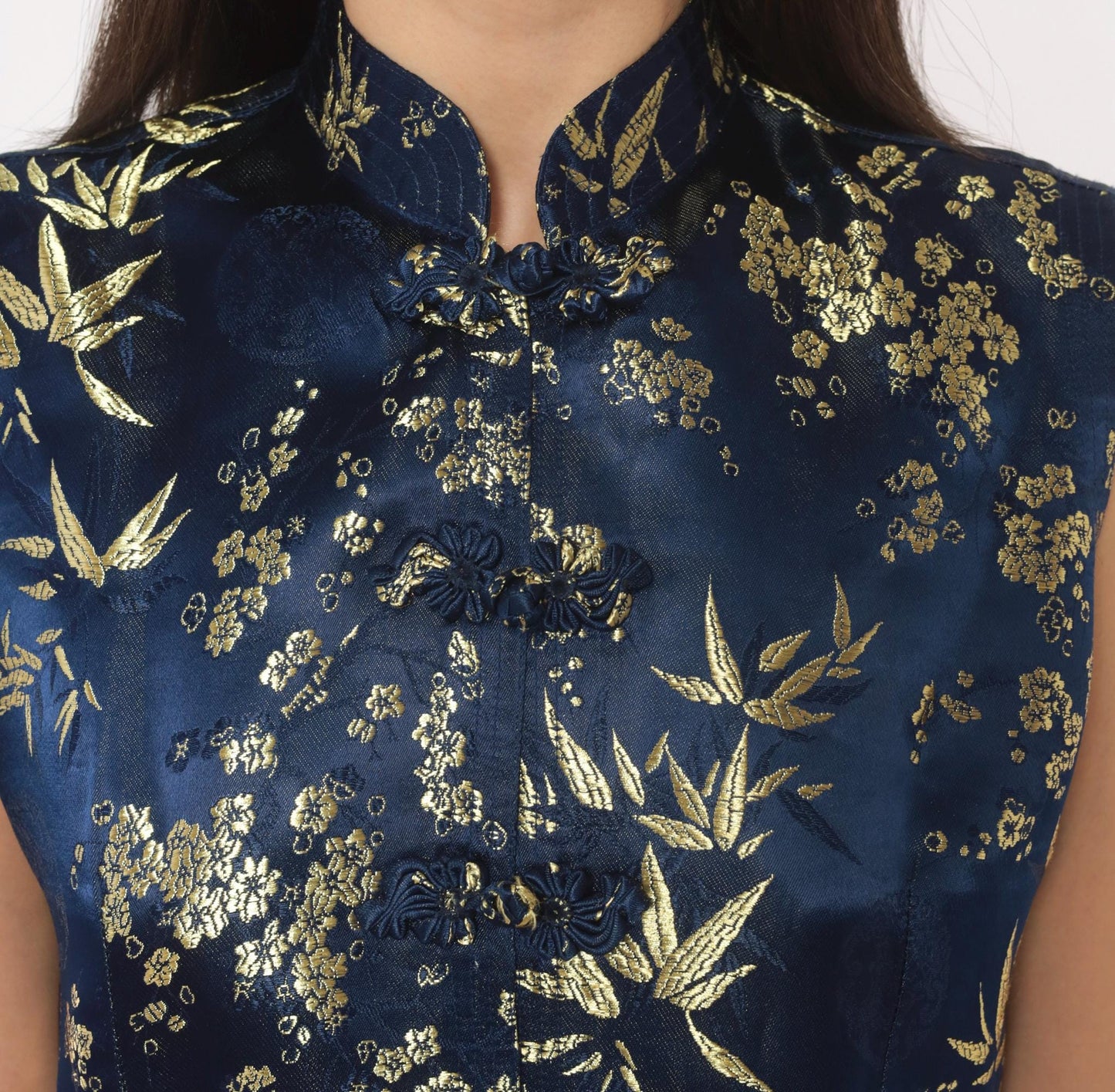 90s Navy Silk Cheongsam Vest Gold Bamboo Brocade Mandarin Collar Small S
