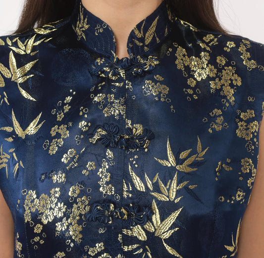 90s Navy Silk Cheongsam Vest Gold Bamboo Brocade Mandarin Collar Small S