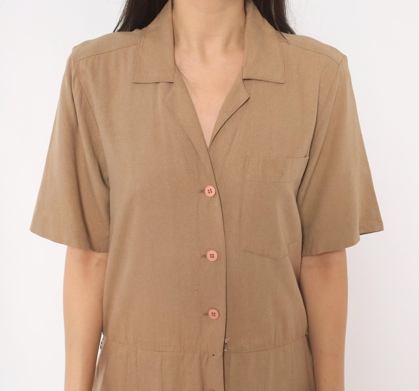 90s Liz Claiborne Silk Maxi Shirt Dress Tan Camp Collar Pleated Medium M