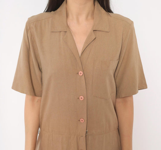90s Liz Claiborne Silk Maxi Shirt Dress Tan Camp Collar Pleated Medium M
