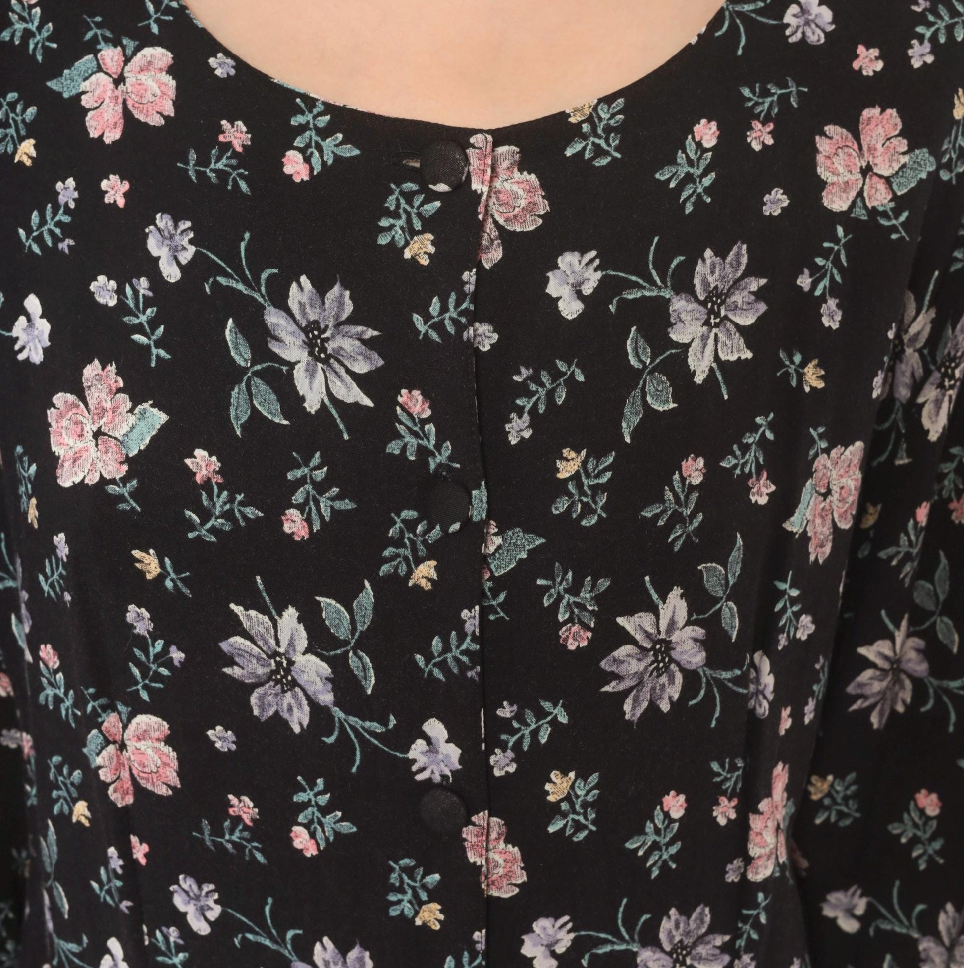 Y2K Putumayo Black Floral Maxi Dress Pink Lavender Button Front Large L