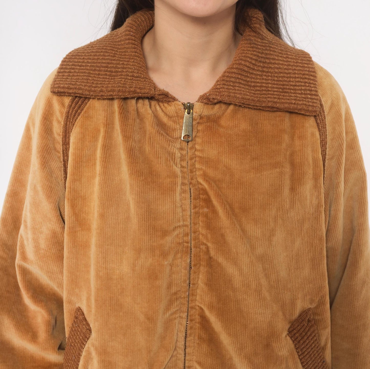 70s Corduroy Bomber Jacket Tan Raglan Knit Collar Zip Front Medium