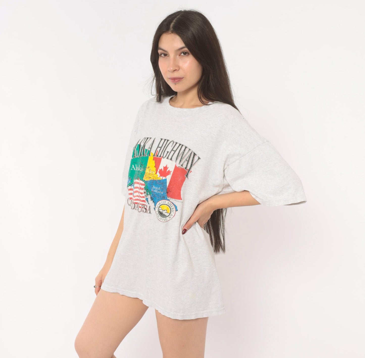 90s Alaska Highway Map Graphic Tee Gildan Heather Grey Extra Large XL