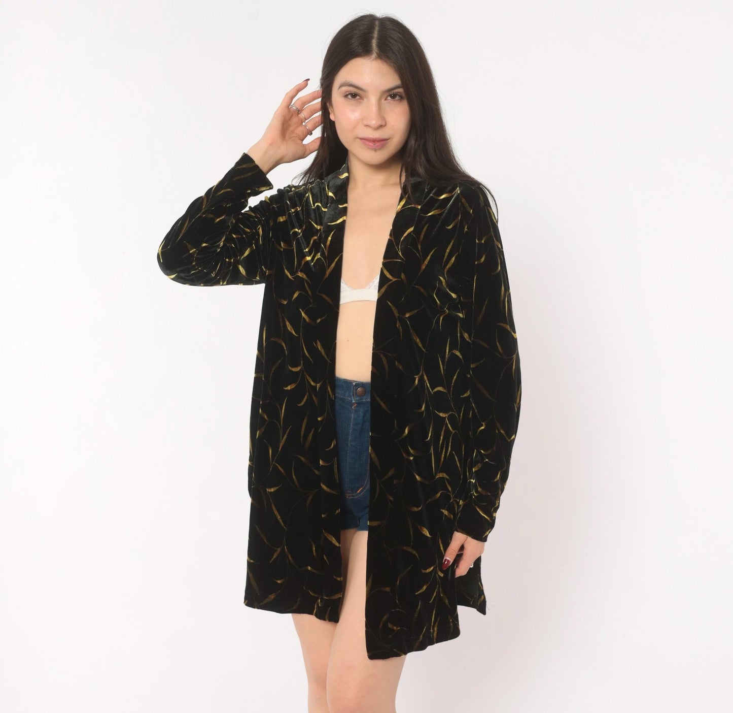 90s Ronni Nicole Black Velvet Duster Gold Leaf Botanical Print Shawl Collar Small Medium