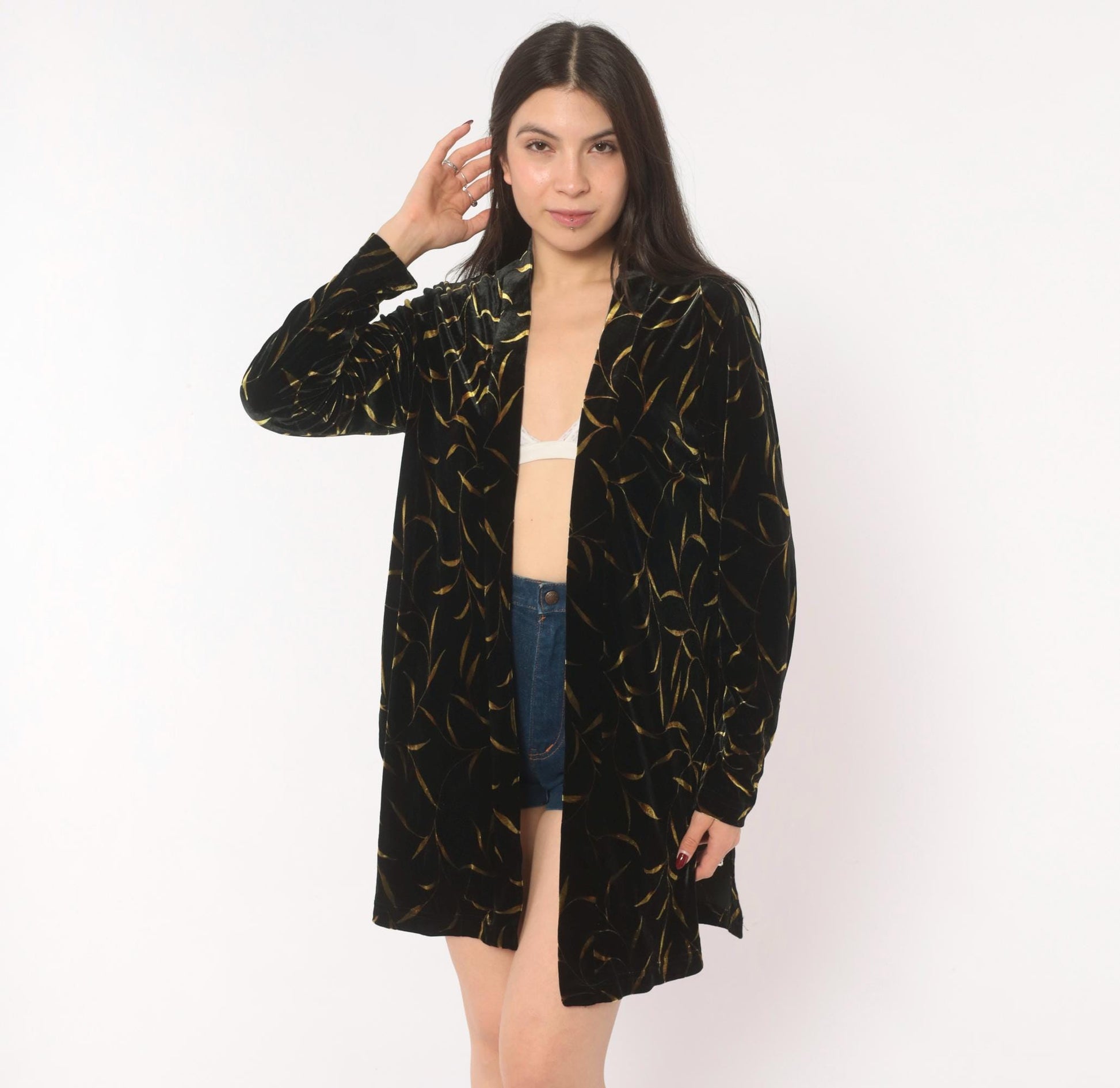 90s Ronni Nicole Black Velvet Duster Gold Leaf Botanical Print Shawl Collar Small Medium