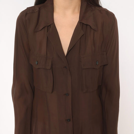 90s Dries Van Noten Silk Shirt Dress Brown Sheer Safari Utility Pocket Small