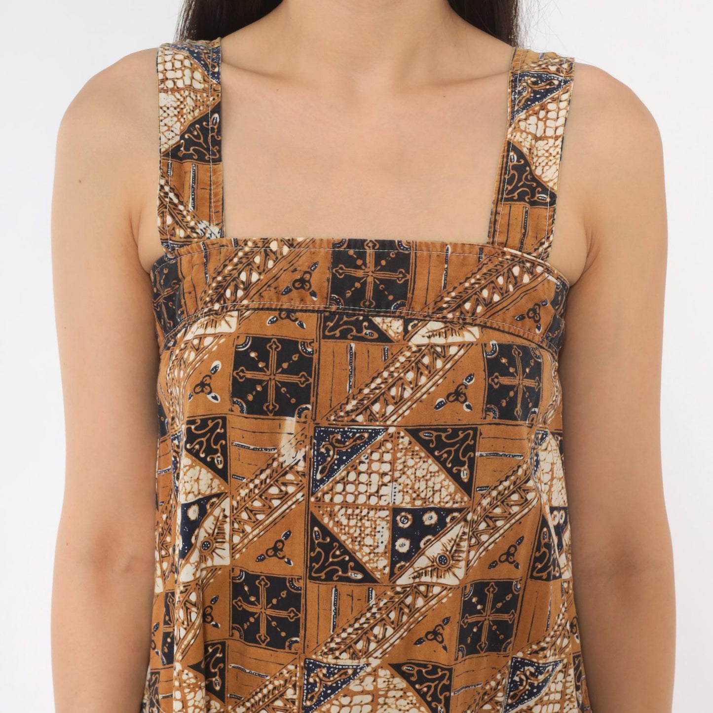 80s Batik Sundress Tan Navy Cotton Square Neck A-Line Knee Length Extra Small
