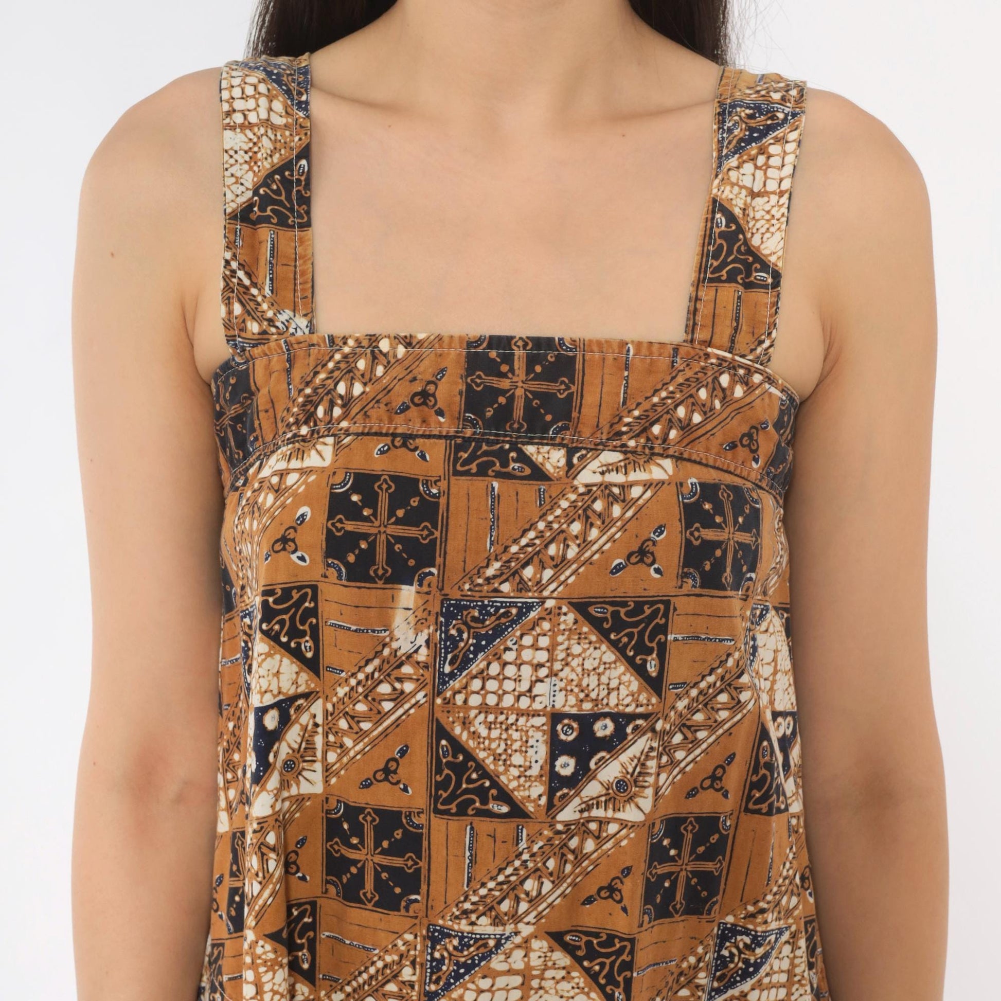 80s Batik Sundress Tan Navy Cotton Square Neck A-Line Knee Length Extra Small