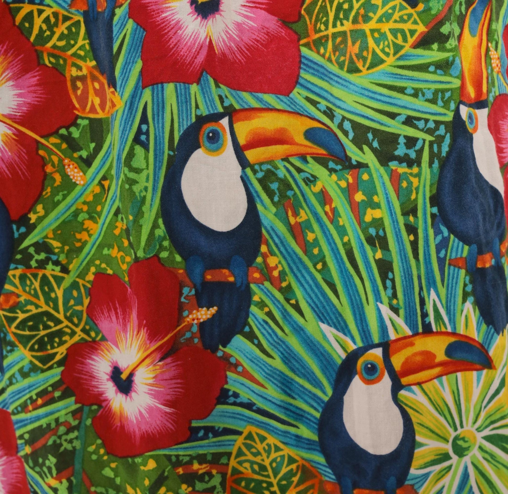 80s Seawind Toucan Hibiscus Midi Dress Flutter Sleeve Cotton Tropical Extra Large