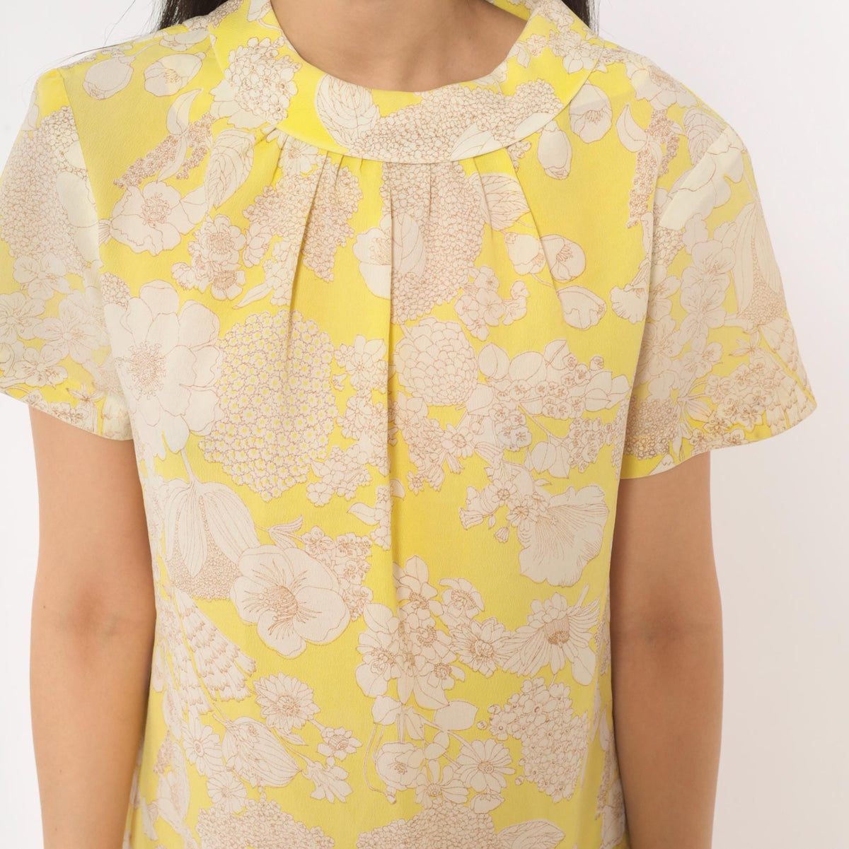 60s Yellow Floral Shift Dress Peter Pan Collar A-Line Knee Length Large L