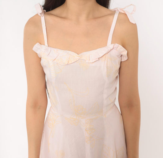 80s Blush Pink Floral Sundress Sweetheart Neckline Ruffle Tie Straps Extra Small XS