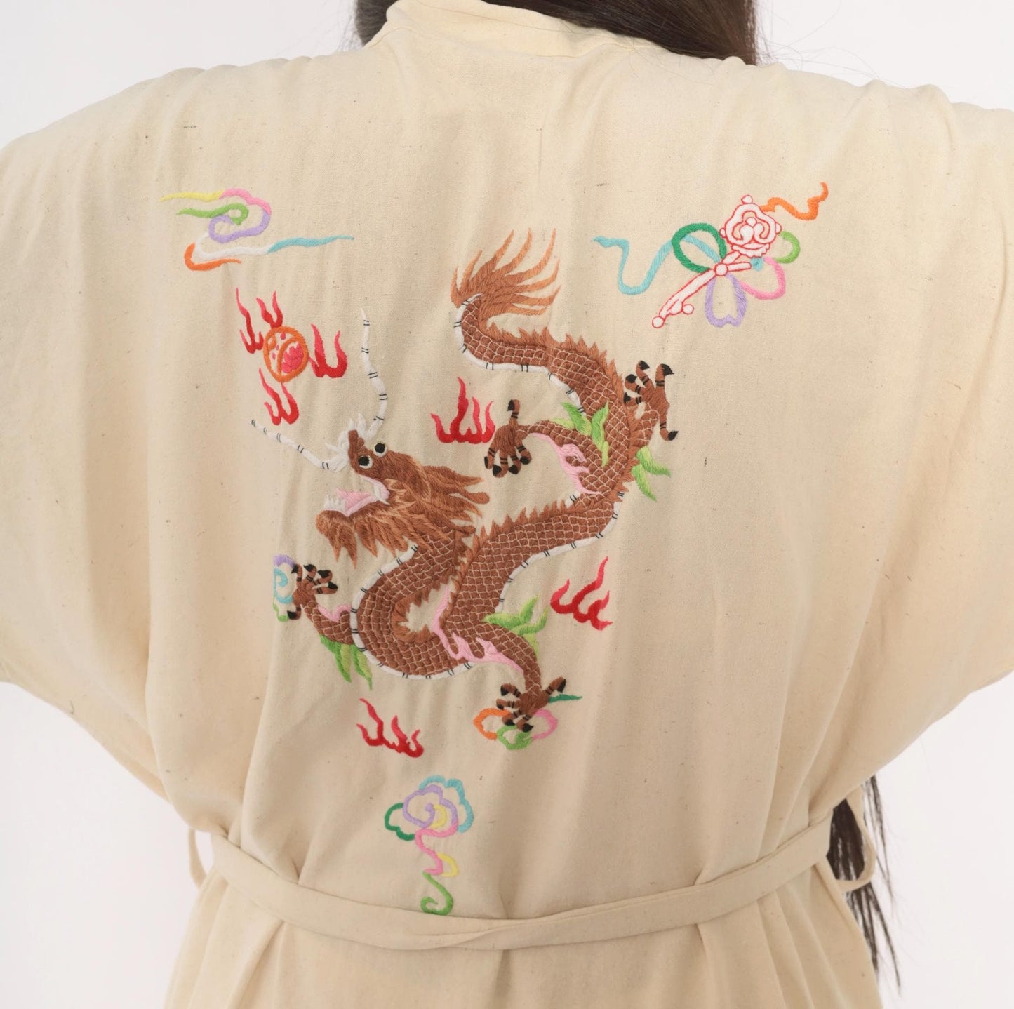 80s Health Silk Kimono Robe Dragon Embroidered Cream Midi Extra Large