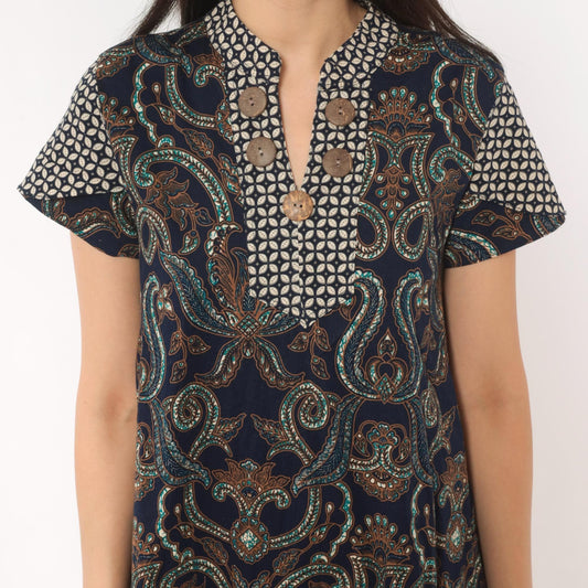 2000s Navy Batik Paisley Mandarin Collar Dress Brown Teal Asymmetrical Small
