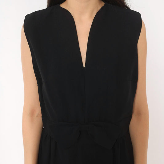 60s Black Mod Sleeveless Dress Bow Waist Knee Length A-Line Large L