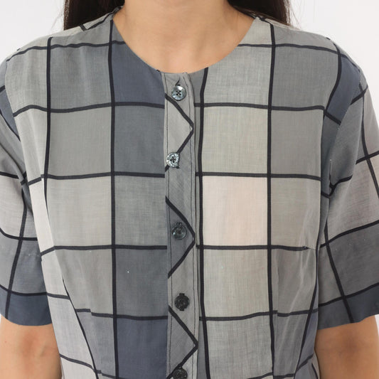 80s Windowpane Plaid Cotton Midi Dress Grey Blue Button Front Medium