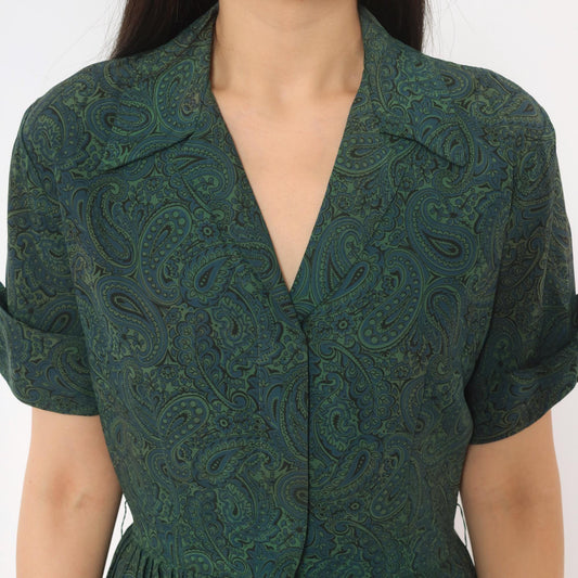 60s Paisley Shirtdress Green Blue Mod Mini Dress Button Front Small