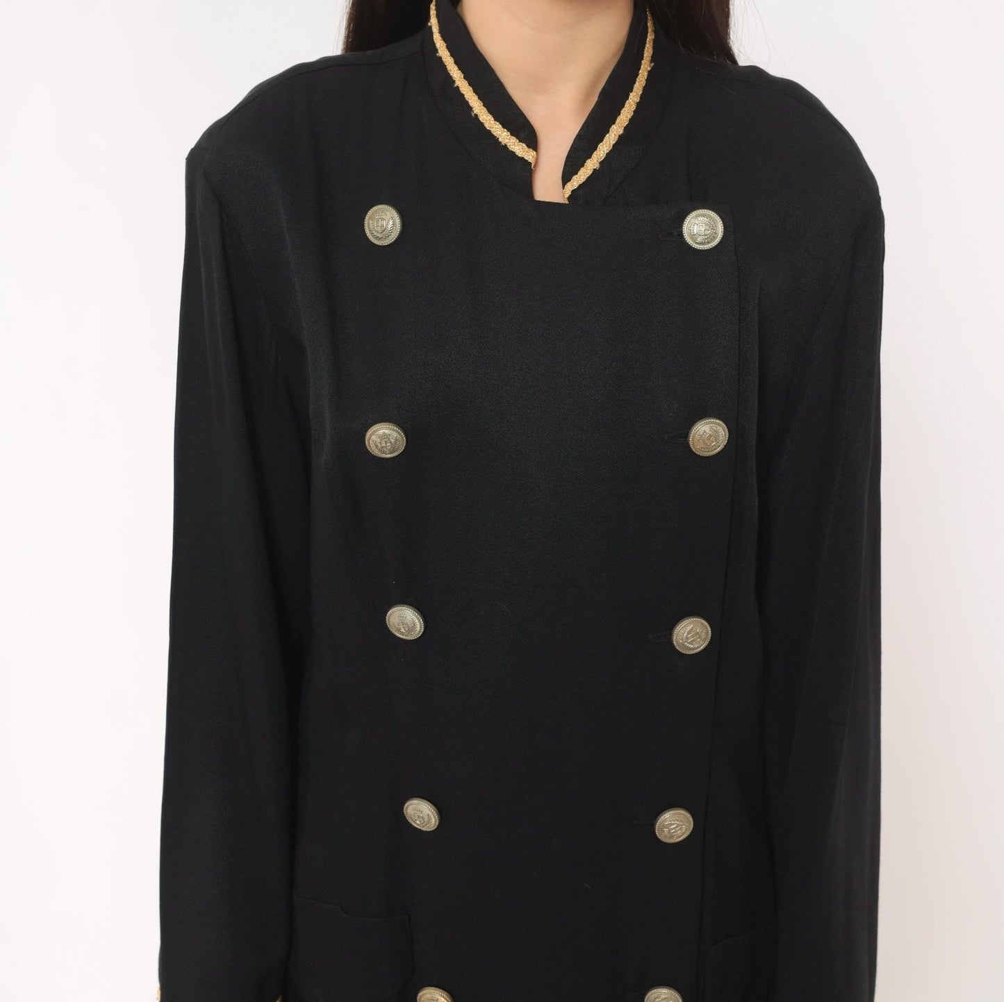 90s Marnie West Military Coat Dress Black Gold Chain Mandarin Collar Large L