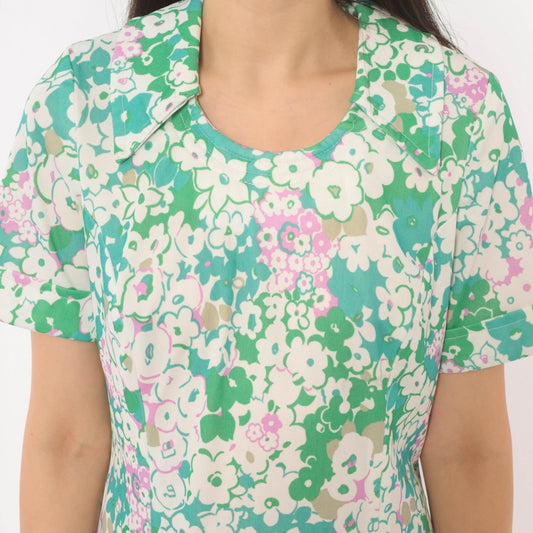 70s Psychedelic Floral A-Line Dress Green Pink White Scoop Collar Knee Medium