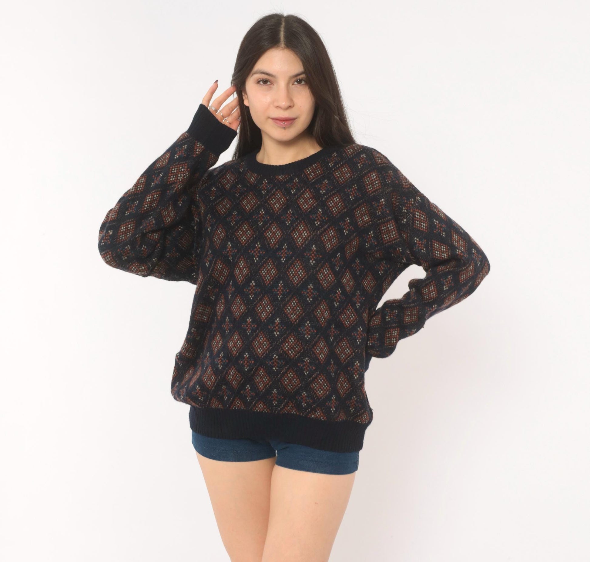 90s Robert Banks Wool Argyle Sweater Navy Rust Geometric Fair Isle Large L